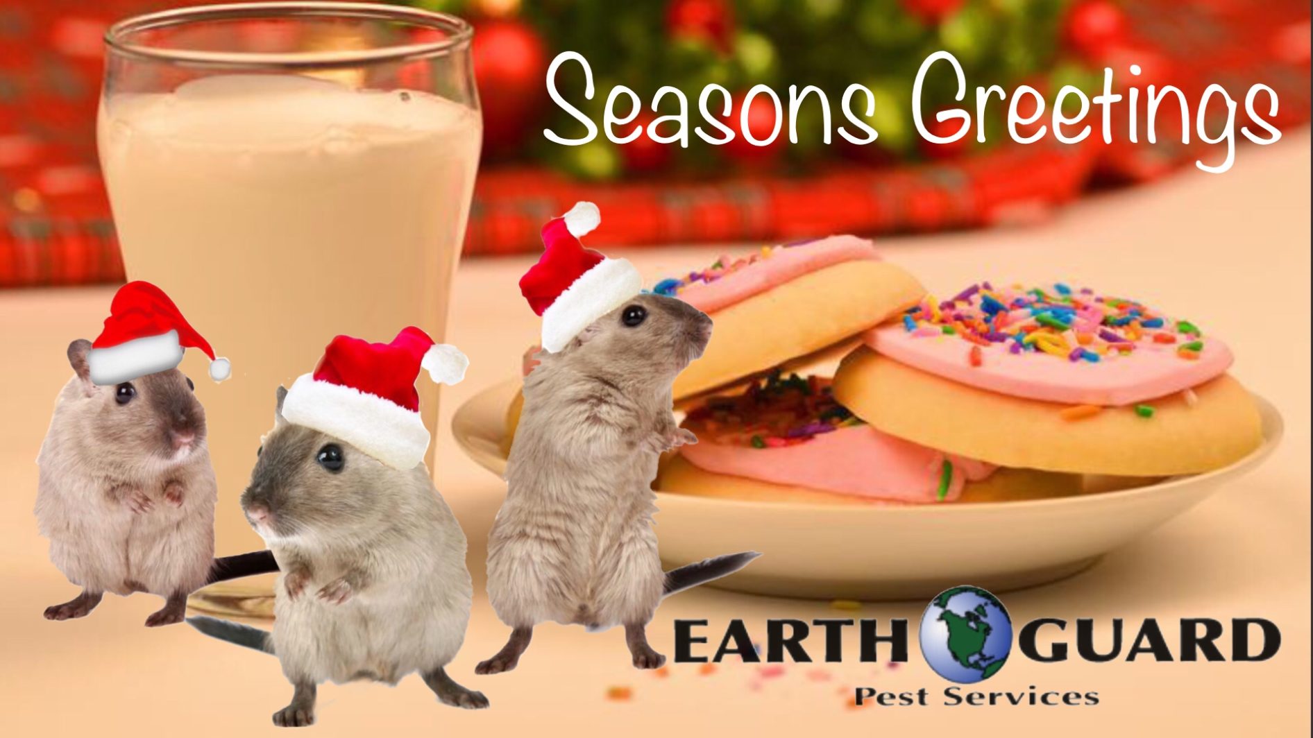 Seasons Greetings holiday graphic with mice and cookies